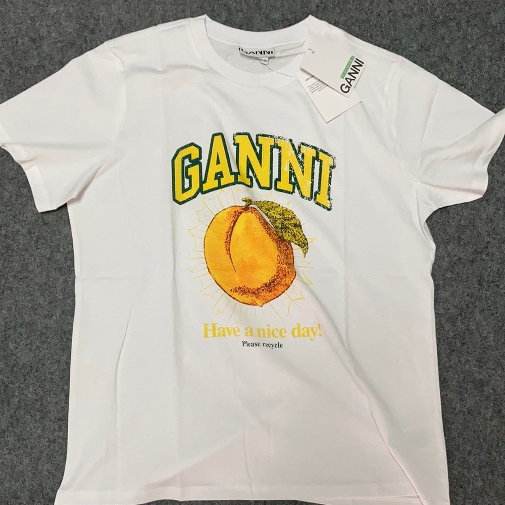 Ganni White Tee with Yellow and Green Print